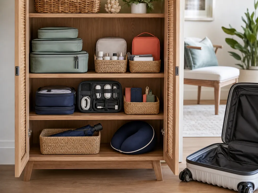 small apartment travel accessories storage ideas showing travel accessories cabinet