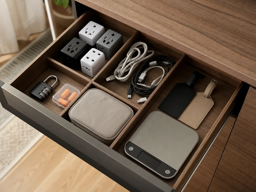 small apartment travel accessories storage ideas showing travel tech drawer