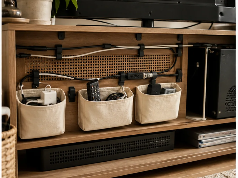 small apartment tv stand storage ideas shown with cable airflow zone