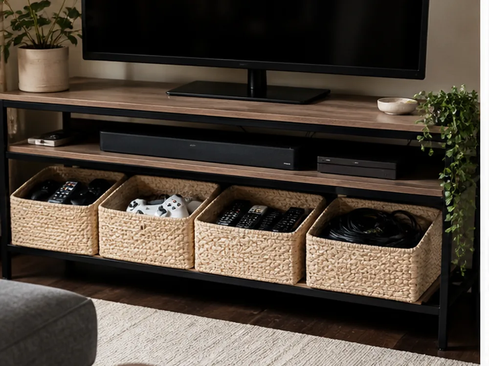 small apartment tv stand storage ideas shown with media console bins
