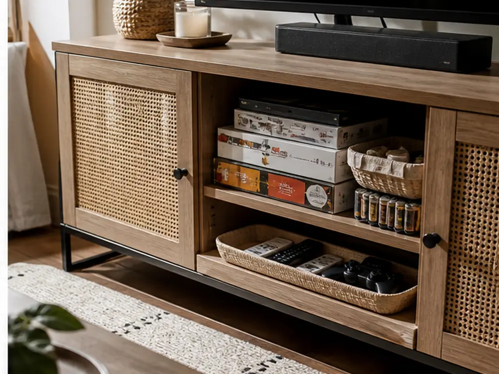 small apartment tv stand storage ideas shown with remote board game cabinet