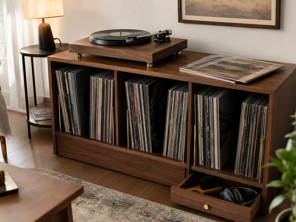 small apartment vinyl record storage ideas showing vinyl record cabinet