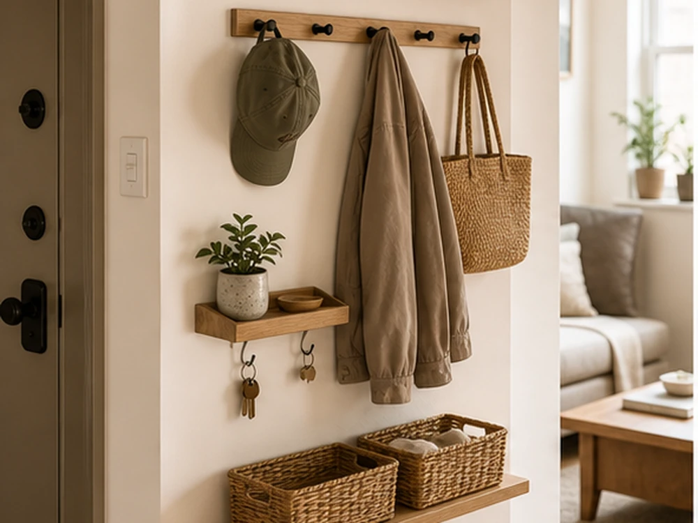 small apartment wall storage ideas entry wall ledge hooks