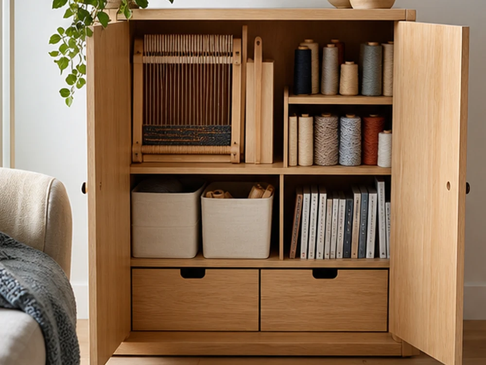 small apartment weaving supplies storage ideas showing t04 overview