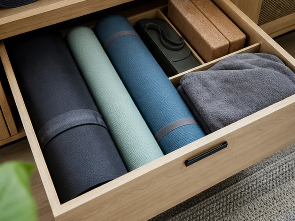 small apartment yoga gear storage ideas showing t21 detail