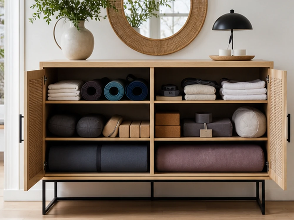 small apartment yoga gear storage ideas showing t21 overview