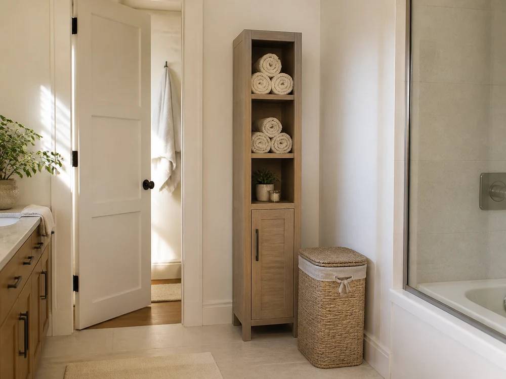 Narrow bathroom linen cabinet with towel shelves, closed lower storage, hamper, and door clearance