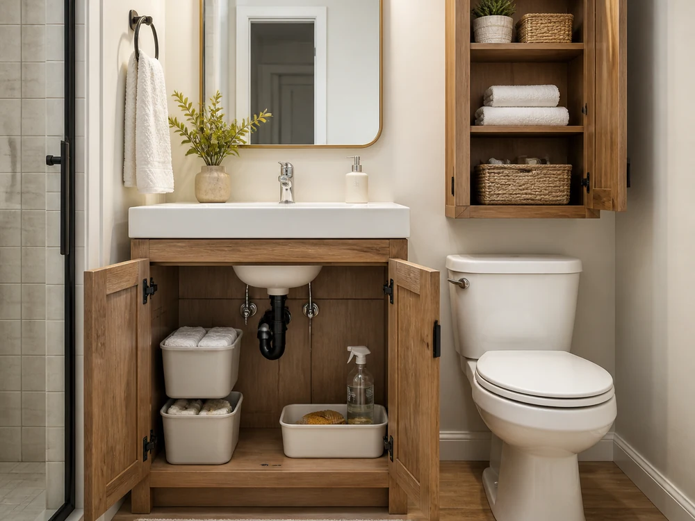 Small bathroom vanity furniture with doors open, visible plumbing, bins, towels, and cleaning tray