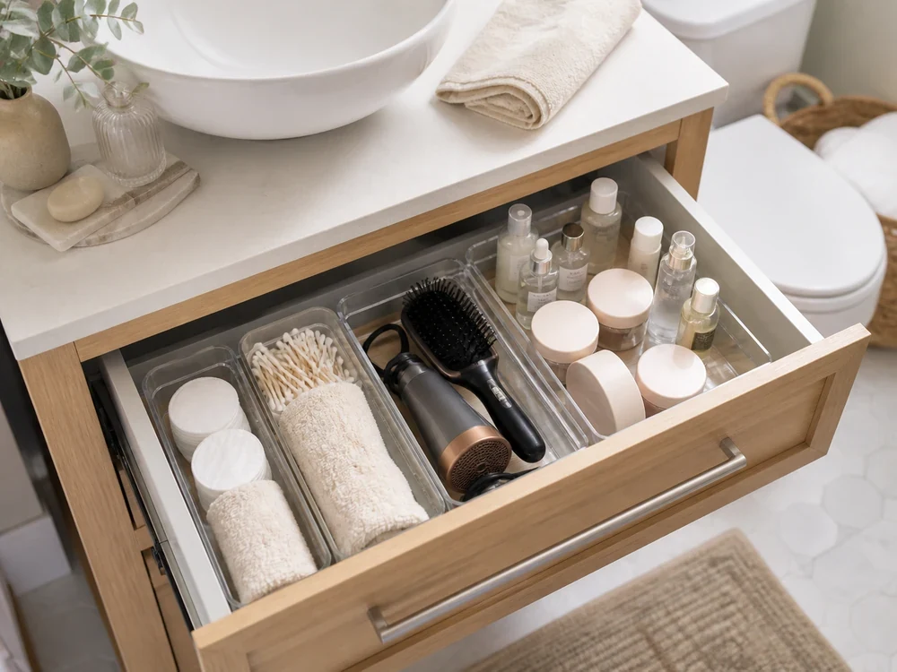 Small bathroom wall shelves above toilet with baskets and folded towels