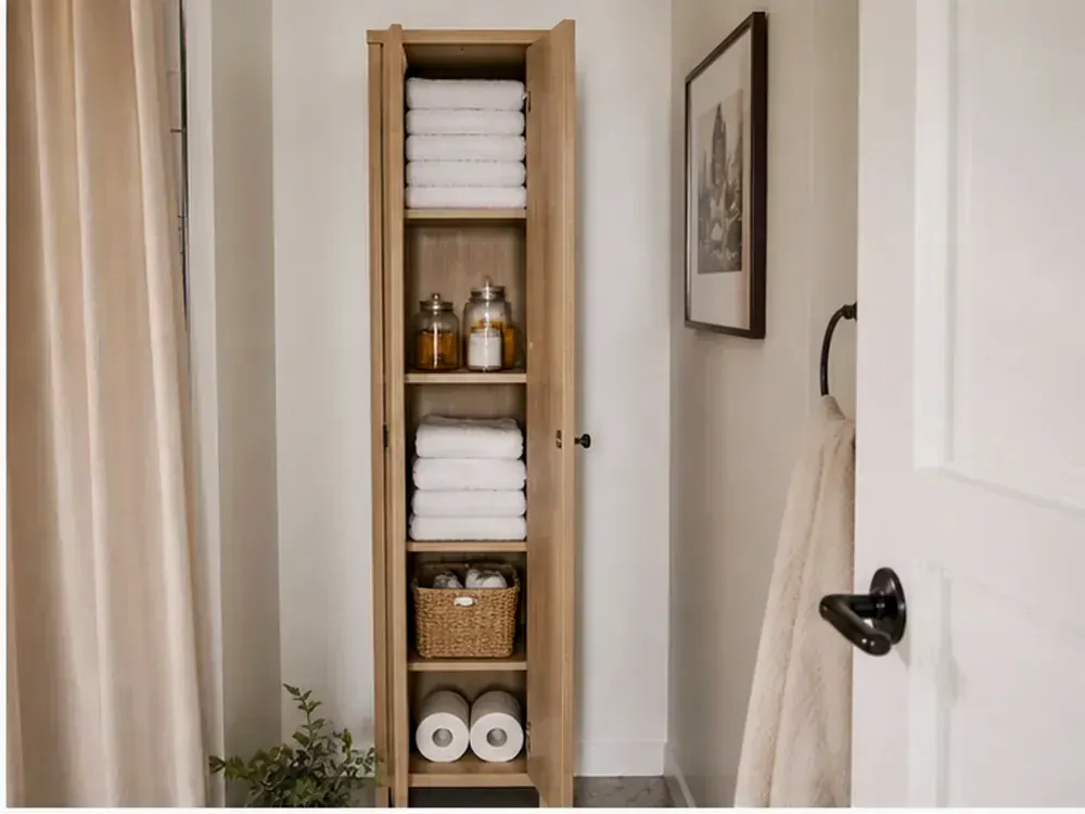 Badezimmer-Aufbewahrung für kleine Räume mit sichtbaren Kategorien, ruhigem Design und erreichbarer Aufbewahrung