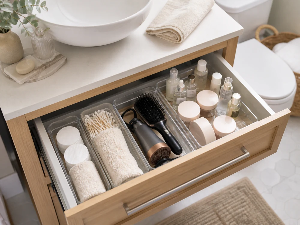 Small bathroom vanity drawer with shallow organizers for daily routines