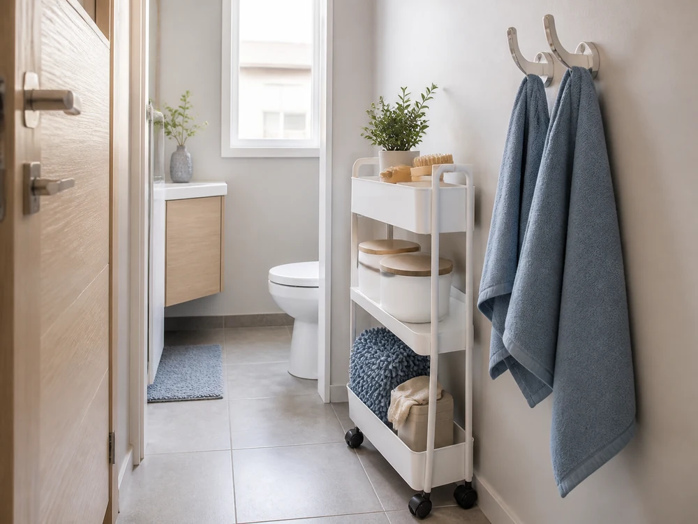 Slim bathroom cart and towel hooks placed outside the wet zone