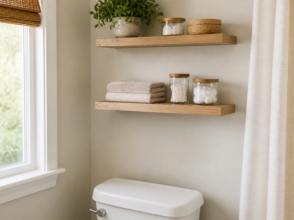 Bathroom storage shelves above a toilet with towels, jars, a plant, and clear space over the tank