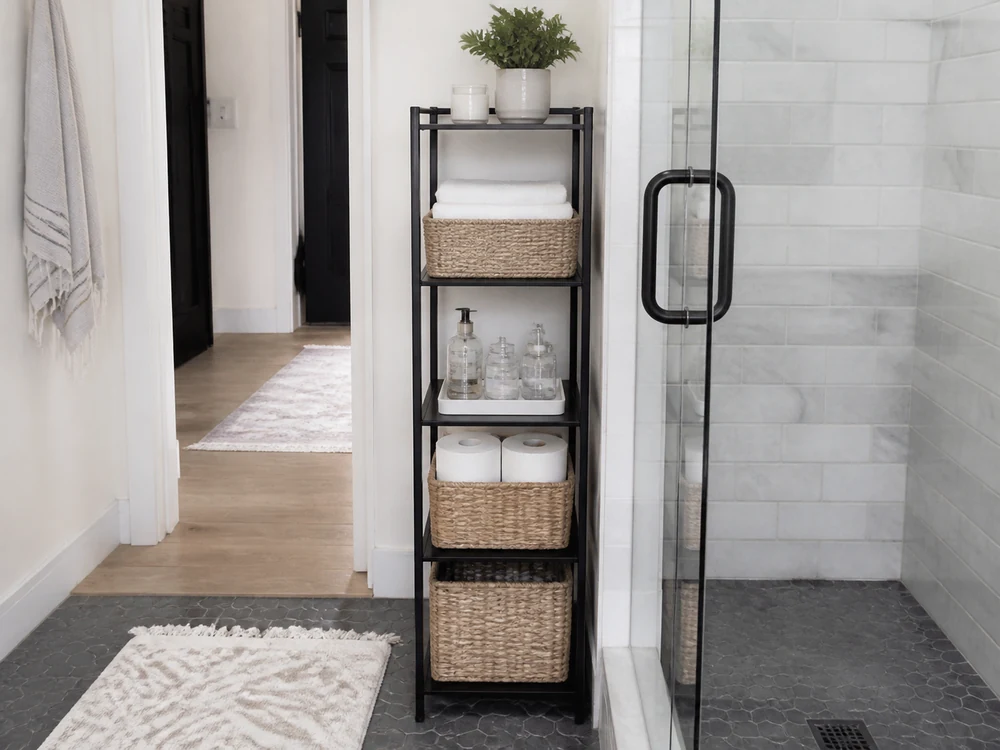 Bathroom storage shelf outside the shower splash zone with baskets, towels, bottles, and walkway clearance
