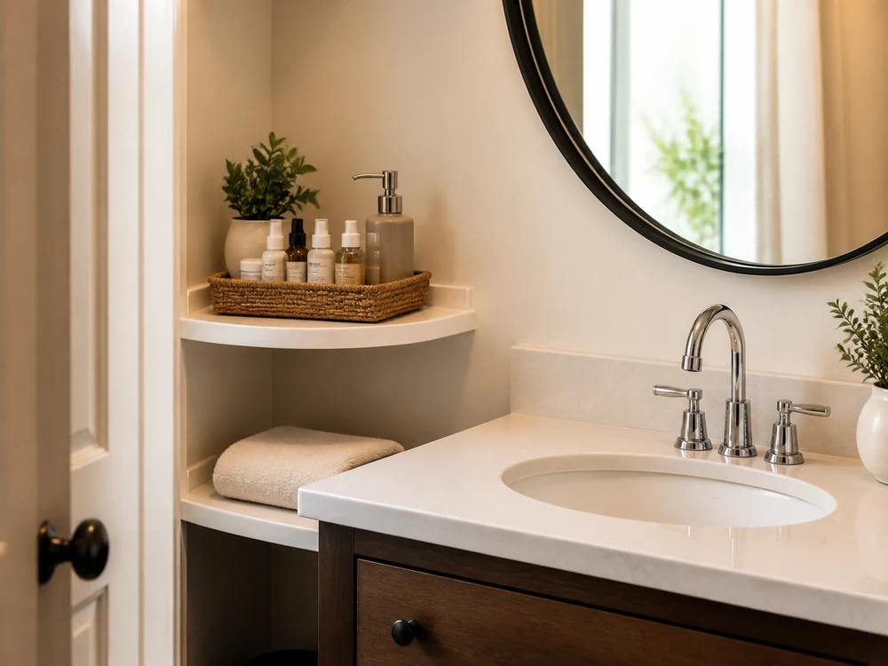 Bathroom sink corner shelves with daily bottles in a tray, towel storage, and clear counter space