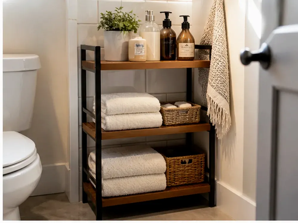 Badezimmer-Aufbewahrungslösungen mit sichtbaren Kategorien, ruhigem Design und erreichbarer Aufbewahrung