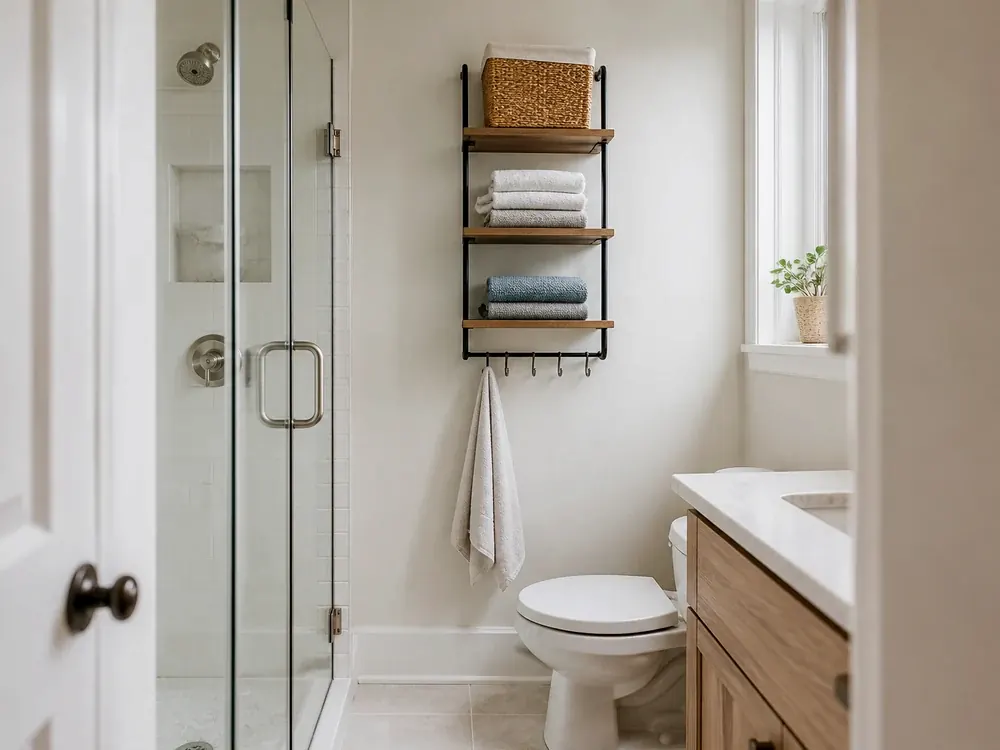 Badezimmer-Wandregal mit sichtbaren Kategorien, ruhigem Design und leicht zugänglichem Stauraum