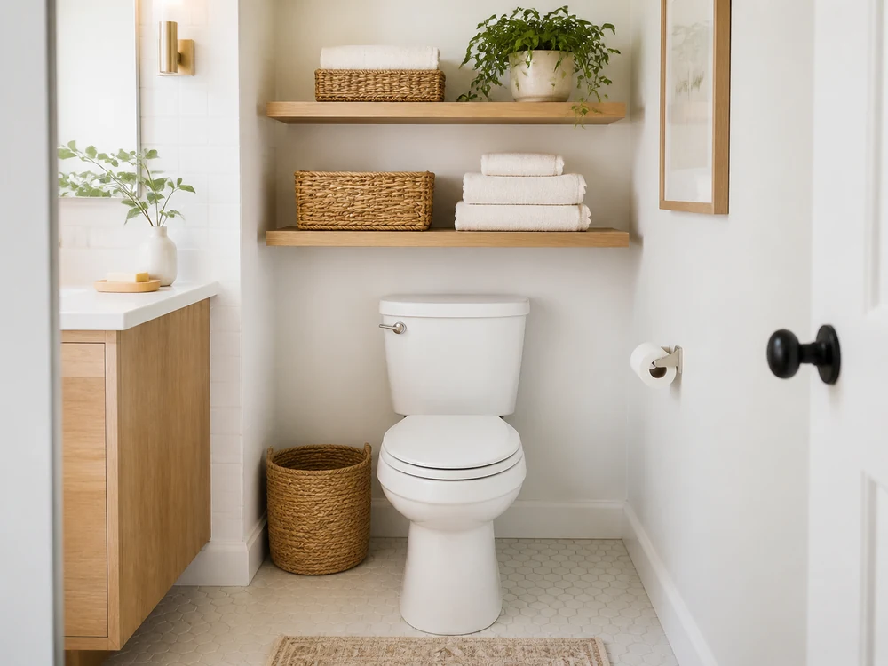 bathroom wall storage shelves editorial image 1