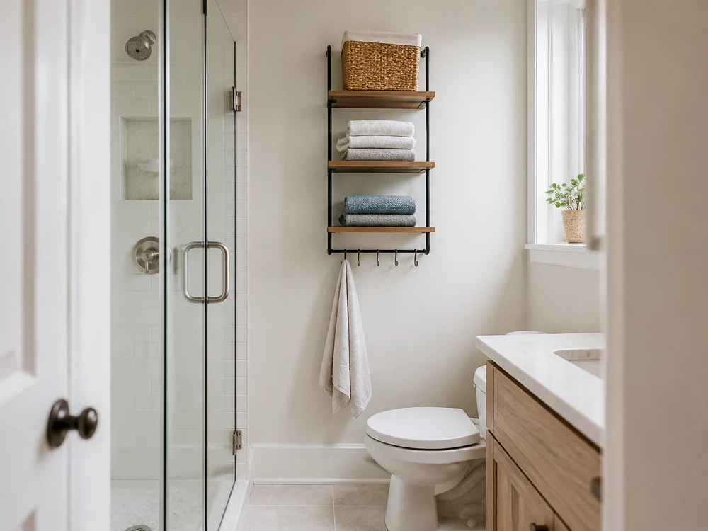 Bathroom wall shelves kept outside the shower splash zone