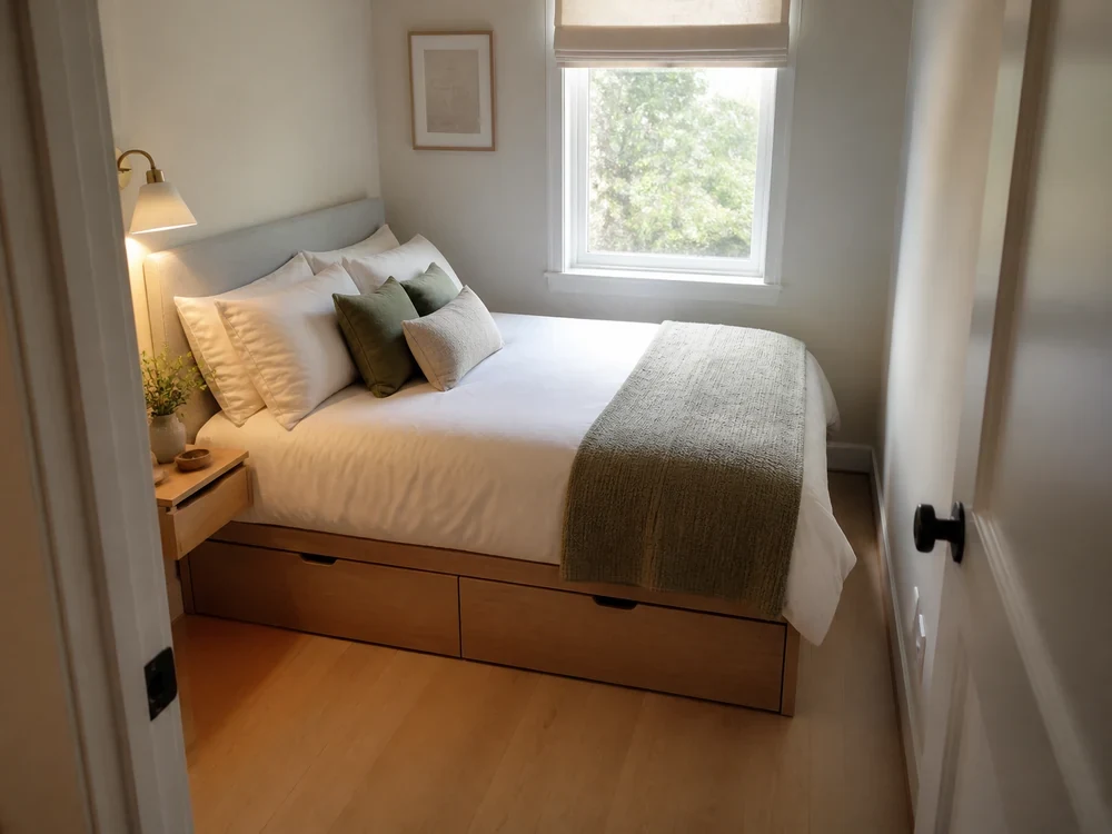 Cama de habitación pequeña con cajones integrados y camino lateral despejado.