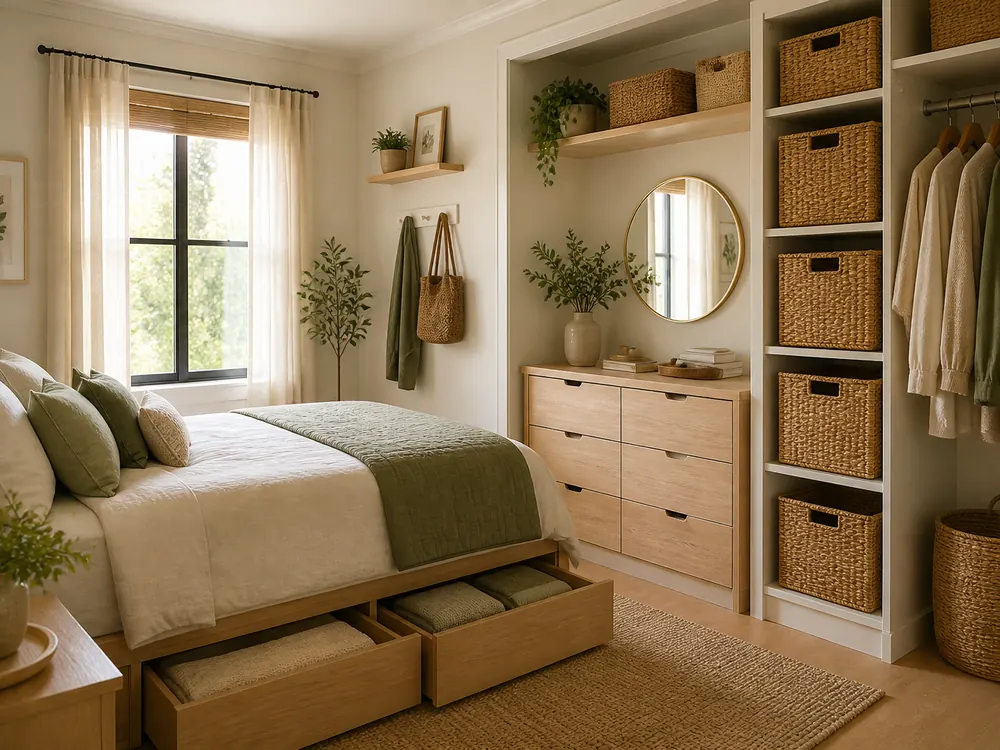 Conceptions de placards de chambre à coucher pour petits espaces montrant un rangement pratique, une texture et une lumière naturelle