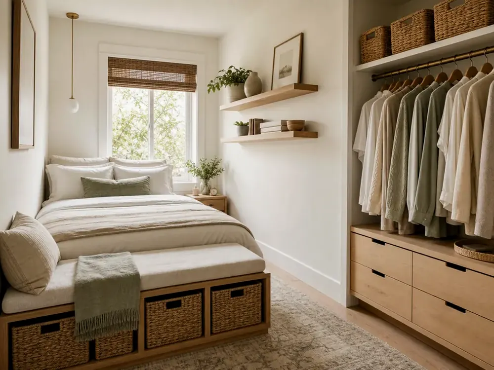 Conceptions de placards de chambre à coucher pour petits espaces avec catégories visibles, style calme et rangement accessible