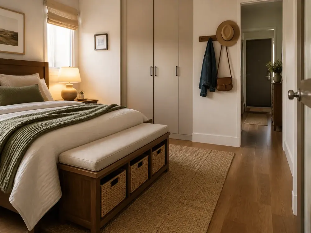 Idées de meubles de chambre à coucher pour les petites chambres montrant un rangement pratique, une texture et une lumière naturelle