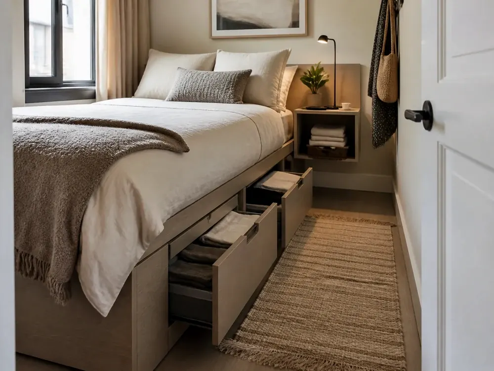 Idées de meubles de chambre à coucher pour les petites chambres avec des catégories visibles, un style calme et un espace de rangement accessible
