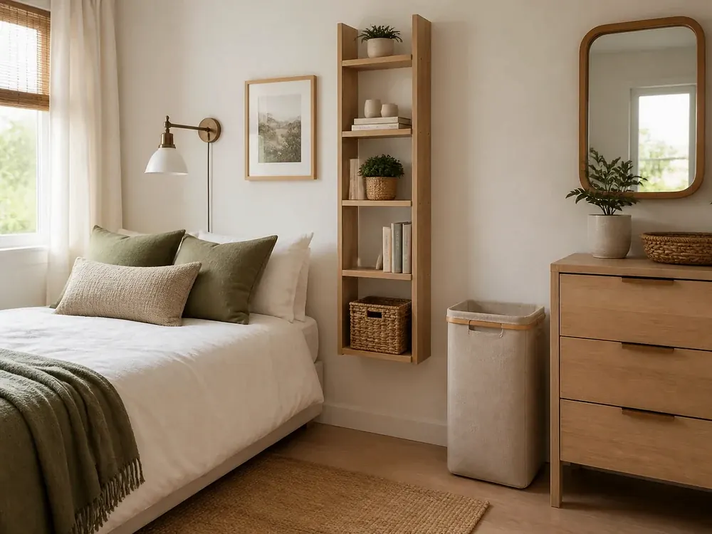 Schlafzimmer-Aufbewahrungsdesign mit sichtbaren Kategorien, ruhigem Design und erreichbarem Stauraum