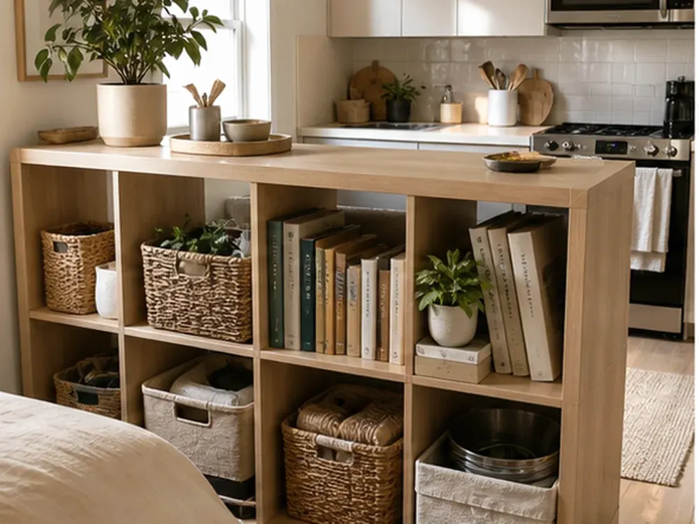 Rangement de chambre à coucher pour petites chambres montrant un rangement pratique, une texture et une lumière naturelle