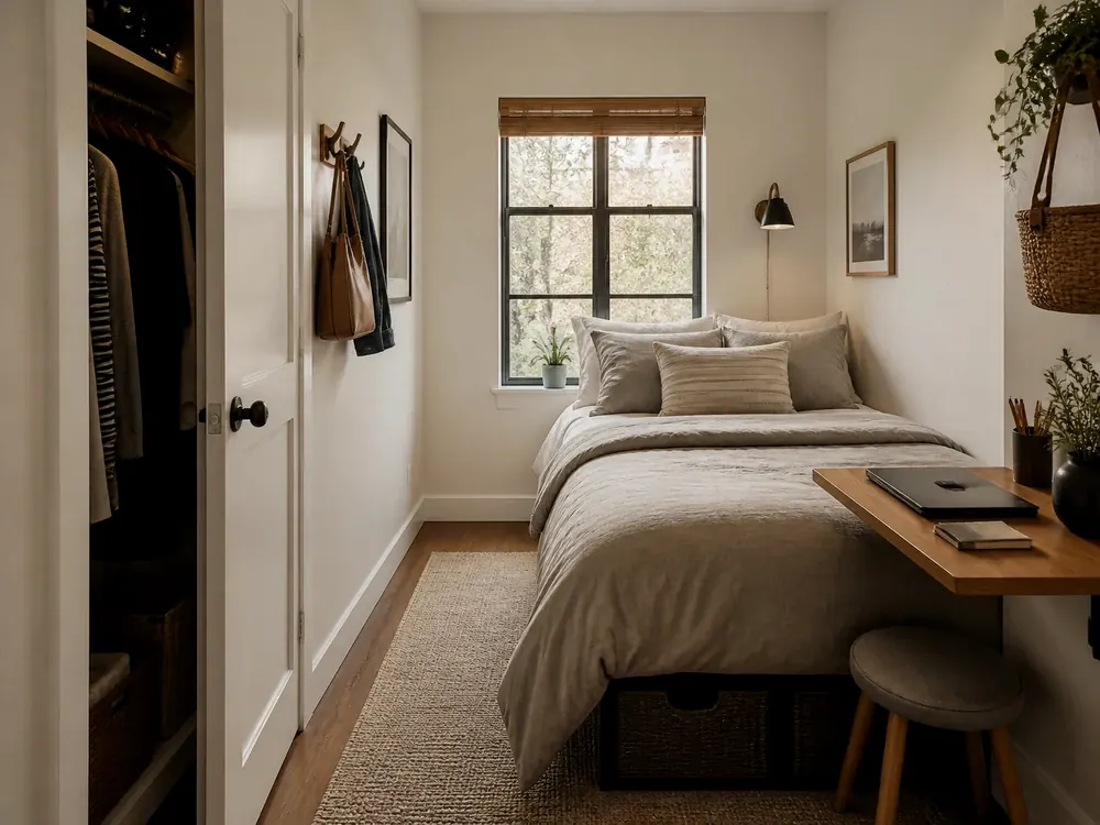 Rangement pour petites chambres avec catégories visibles, style calme et rangement accessible
