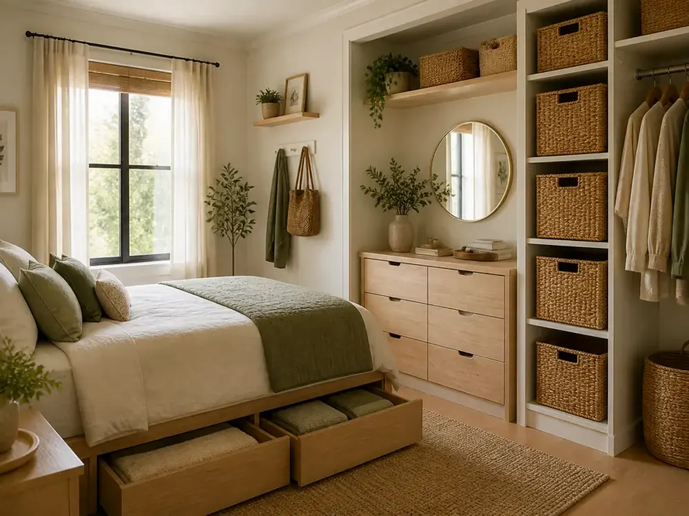Suites de chambre à coucher pour petites chambres avec catégories visibles, style calme et rangements accessibles