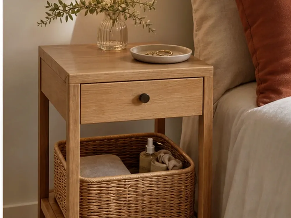 Bedside Storage Organizer with a clear route and warm home-organizing detail