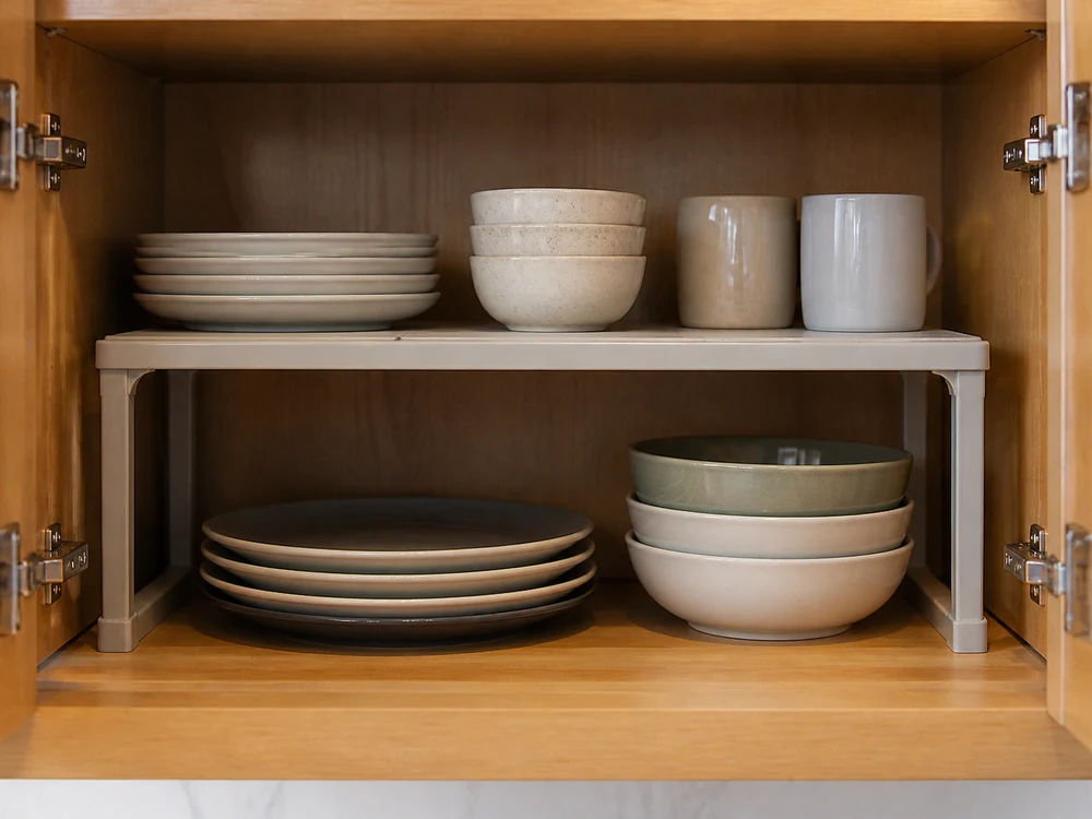Cabinet organizer shelf used as a plate and bowl riser inside a compact kitchen cabinet
