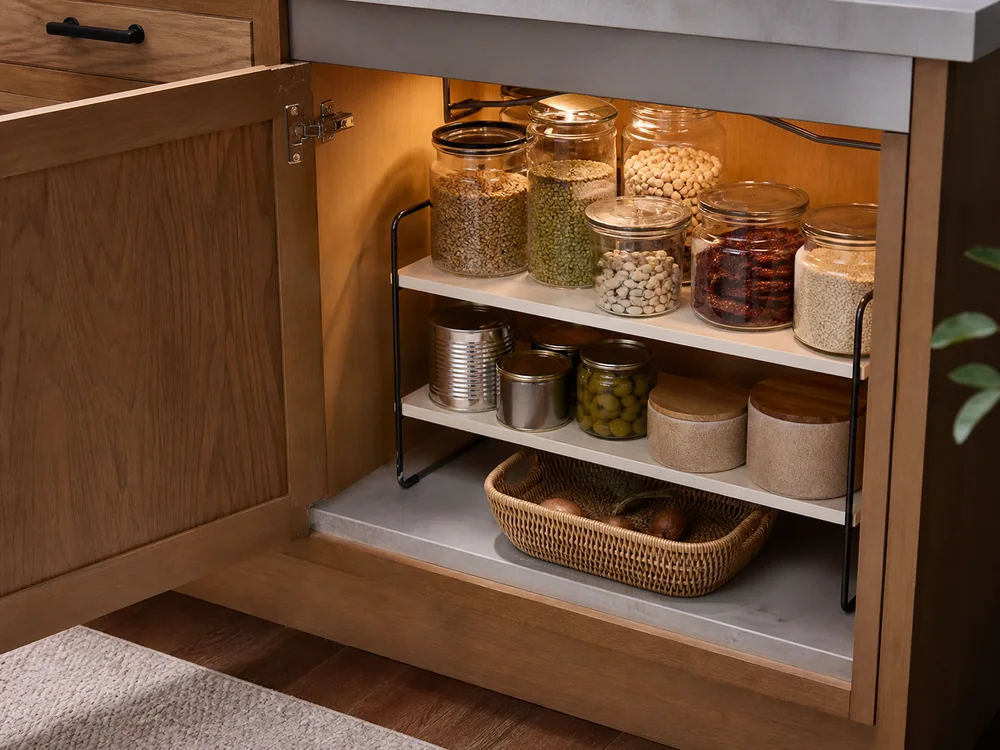 Two-tier cabinet organizer shelf for jars, cans, and baskets in a small pantry cabinet