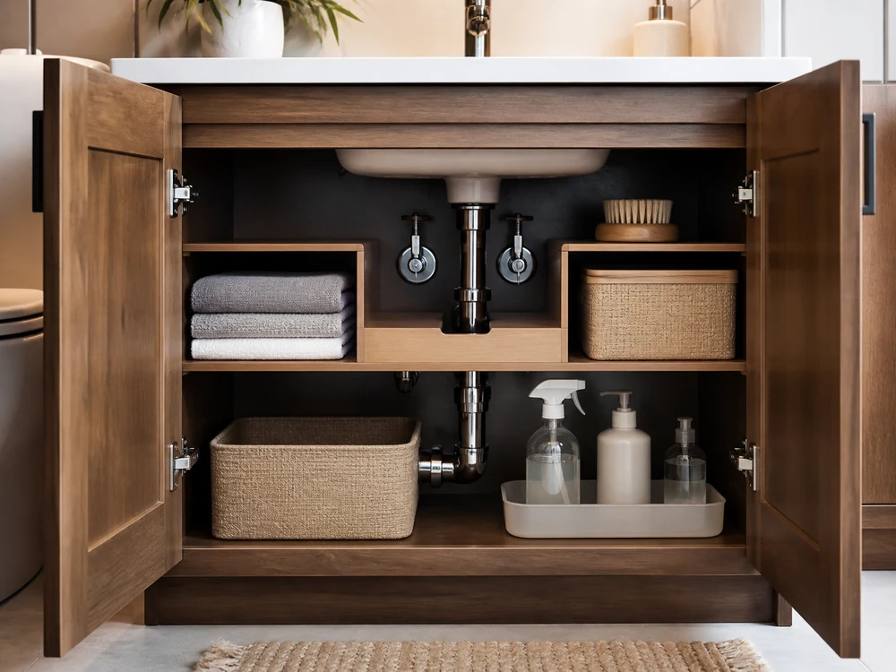 Bathroom vanity cabinet organizer shelf arranged around plumbing with towels and cleaners visible