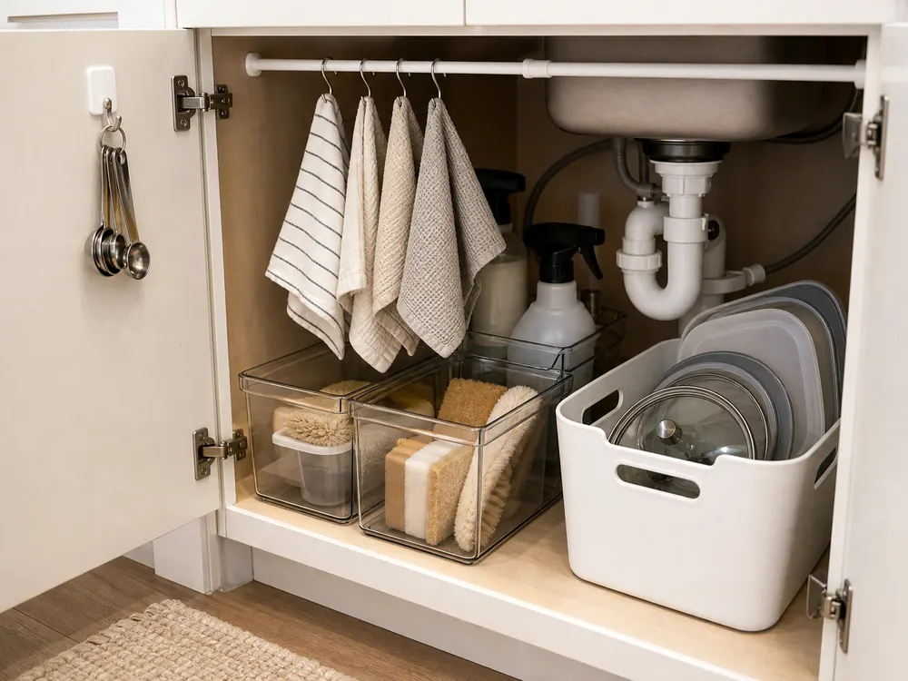 Cabinet Storage Rack with a clear route and warm home-organizing detail