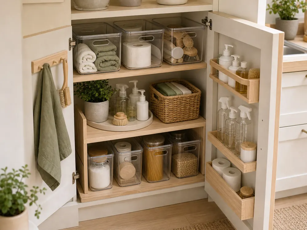 Cabinet Storage Rack showing practical storage, texture, and natural daylight