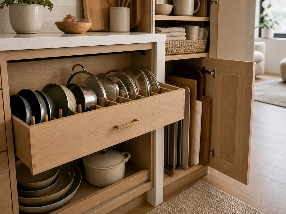 Cabinet Storage Rack with visible categories, calm styling, and reachable storage