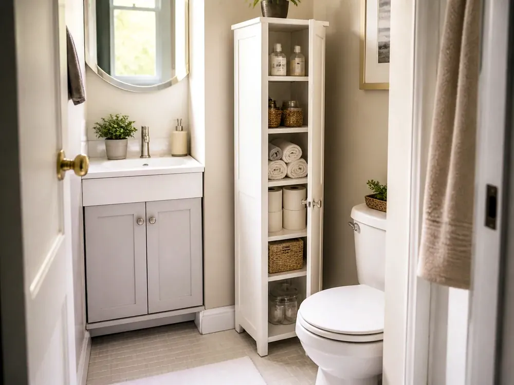 Gabinetes Mueble de baño con recorrido claro y cálido detalle de organización del hogar.