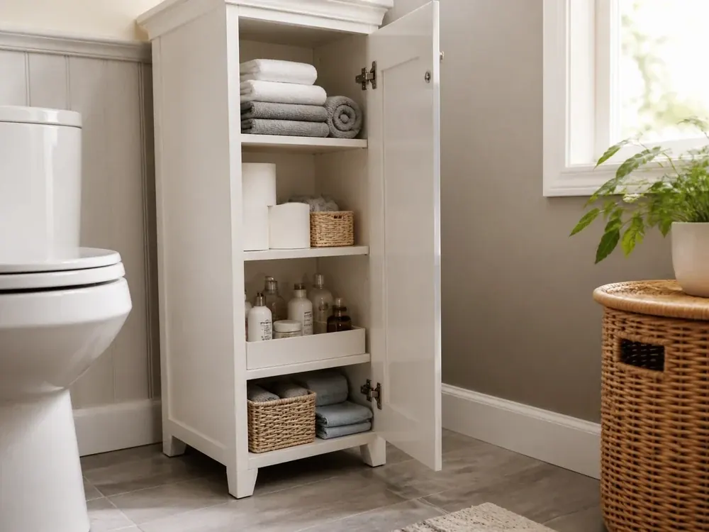 Gabinetes Mueble de baño que muestra almacenamiento práctico, textura y luz natural.