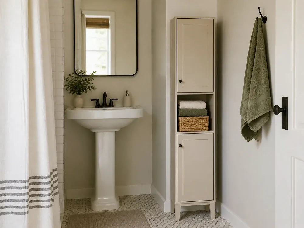 Gabinetes Gabinete de baño con categorías visibles, estilo tranquilo y almacenamiento accesible