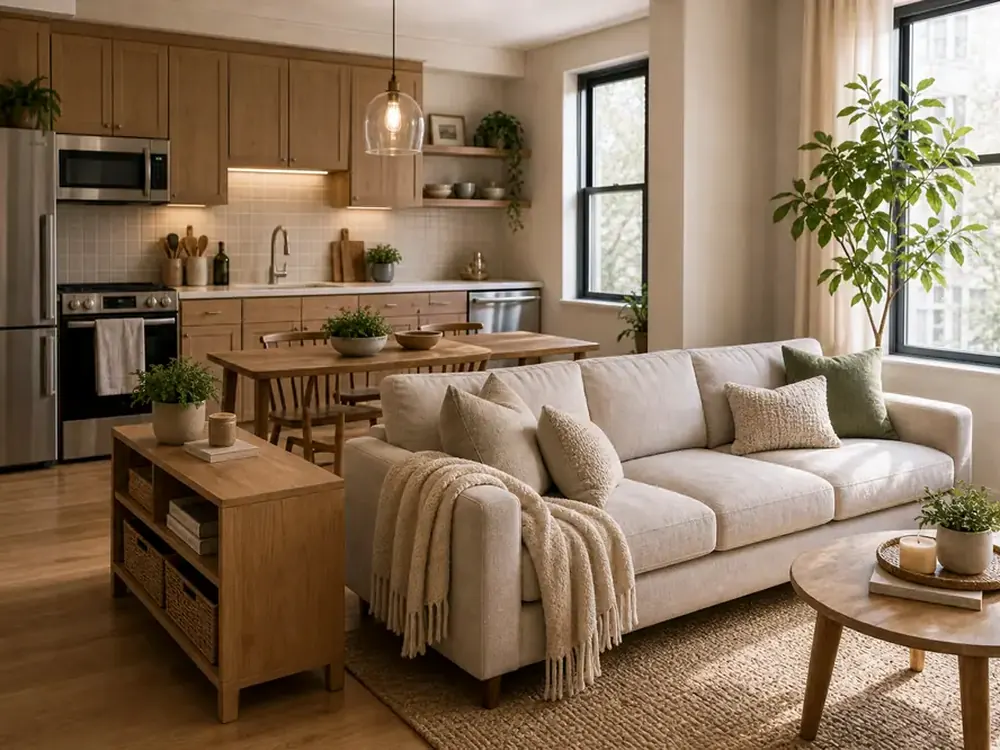 Ideas contemporáneas para salas de estar pequeñas con una ruta clara y cálidos detalles de organización del hogar