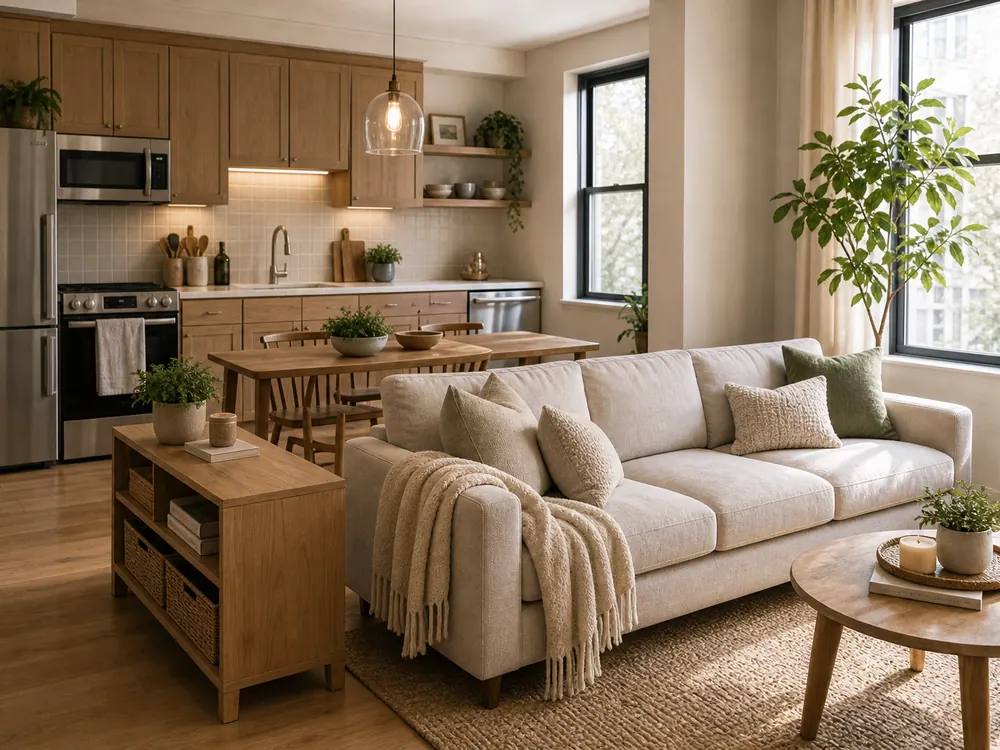 Ideas contemporáneas para salas de estar pequeñas que muestran almacenamiento práctico, textura y luz natural