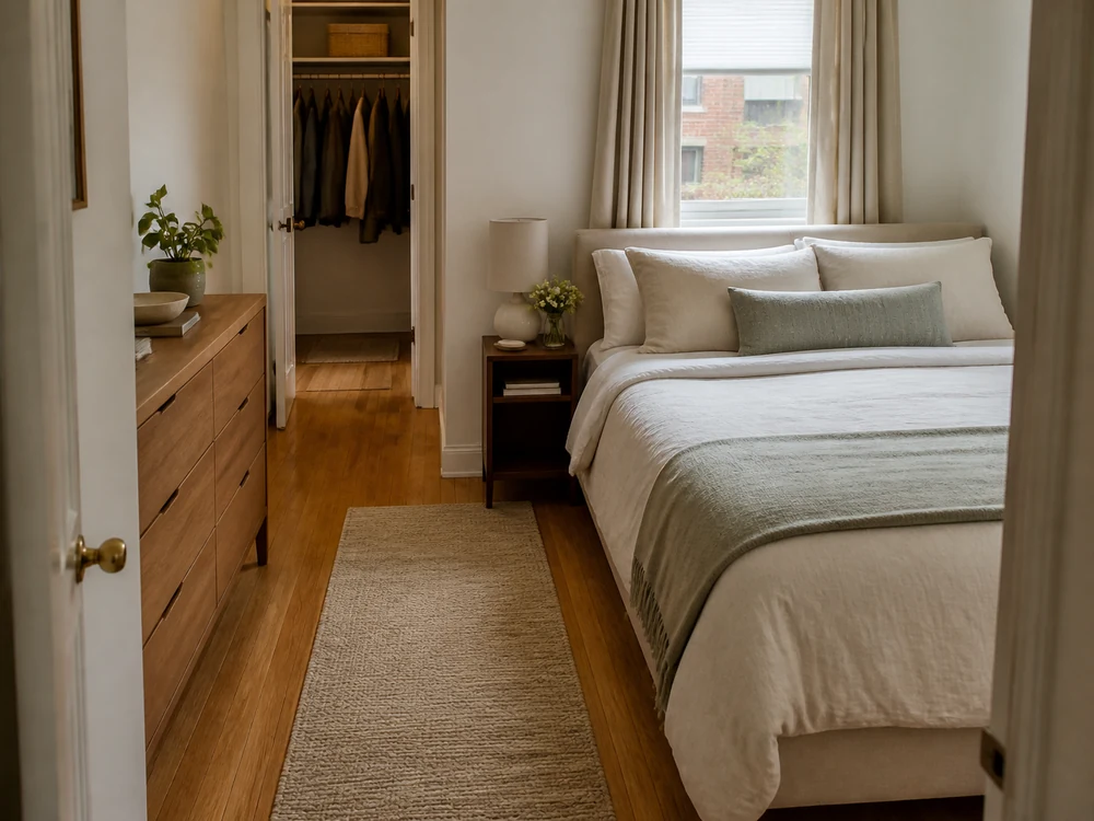Diseñar la distribución del dormitorio en espacios pequeños con un camino despejado desde la puerta al armario.