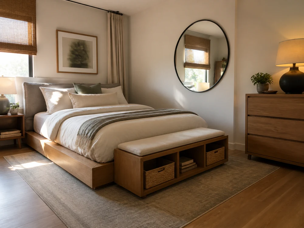 Dormitorio compacto con cama baja, banco de almacenaje, espejo y espacio para cajones