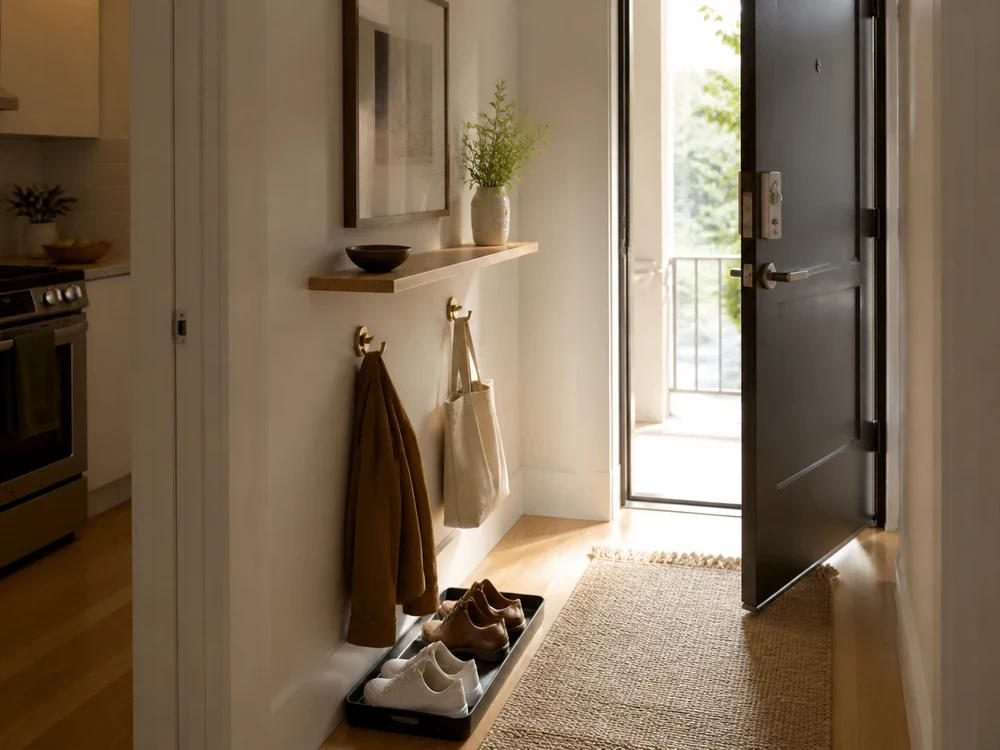 Small entryway furniture with hooks, shelf, shoes, and clear door path