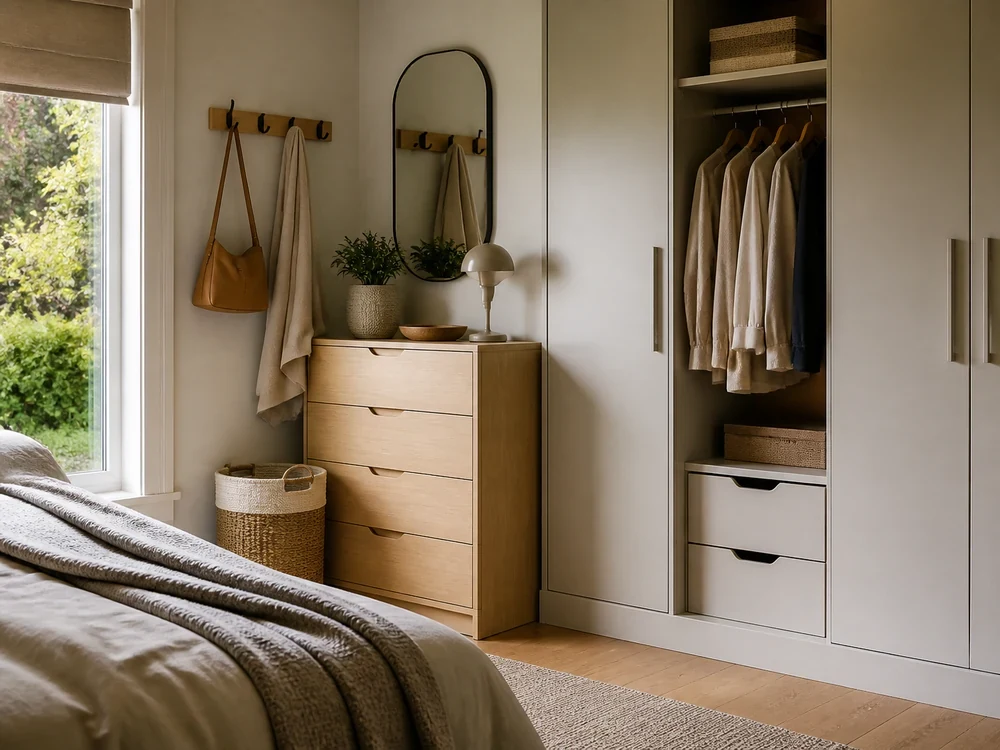 Small bedroom dresser, wardrobe, mirror, hooks, and woven storage near the window