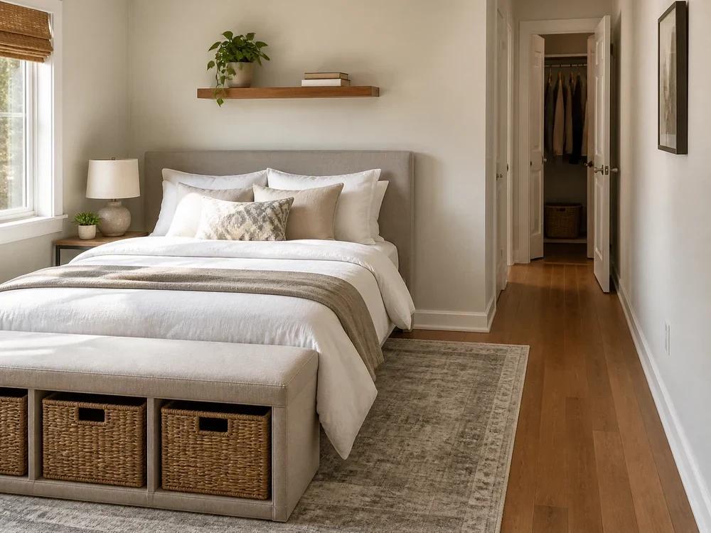 Small bedroom bed with under-bed baskets, wall shelf, and open side route