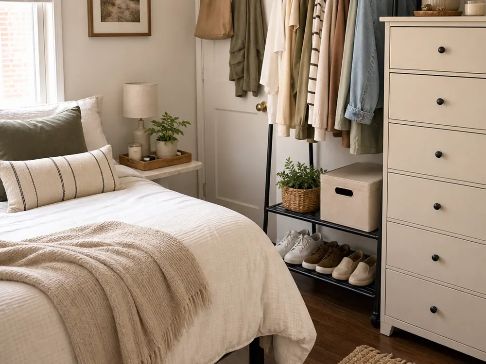 Comment meubler une petite chambre en montrant un rangement pratique, de la texture et de la lumière naturelle